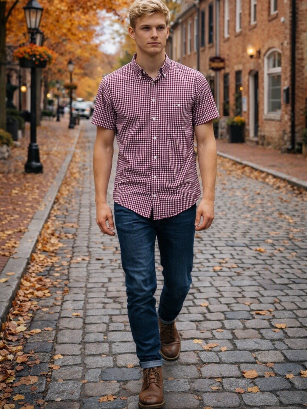 American Reg- Men's Short-Sleeve Burgundy Gingham Button-Down Shirt